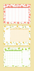 Set of food diary vector weekly, month planner design template, habit tracker. Diet organizer and notepad with cute fruits. Calendar schedule printable to-do list.