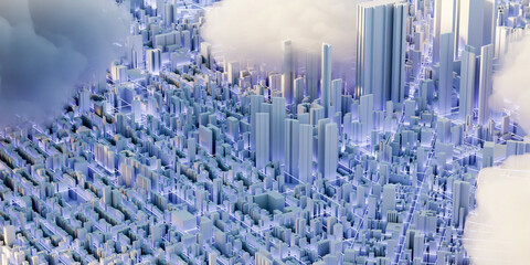 Scattered clouds on the mega city; urban and futuristic technology concepts, original 3d rendering