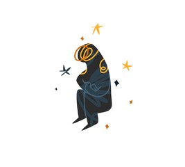 Funny space meditating strange cosmos figure character with a foggy head.Cute abstract creature alien from space,magic with star and moon.Cartoon style.Hand drawn trendy,isolated Vector illustration.