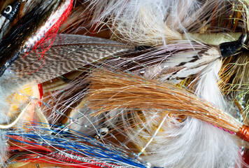Close view of an assortment of fly fishing flies