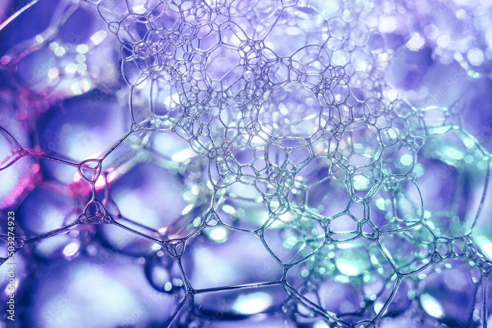 Fototapete close up beautiful abstract soap bubbles. background pattern for design. macro photography view.