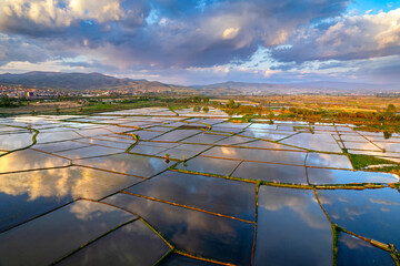 Rice fields before sowing. Beautiful reflection of dramatic sky with clouds on the surface of the water at sunset.
