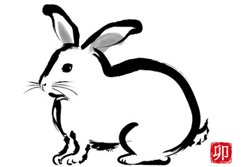 水墨のうさぎと卯年のスタンプ年賀状素材