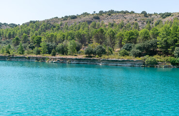 natural park of the lagoons of ruidera with green and blue colors of its waters in castilla la mancha spain