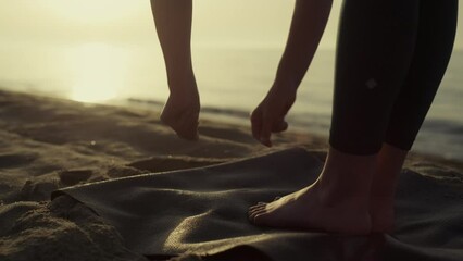 Athletic woman body exercising at sunset close up. Girl standing yoga position. - Powered by Adobe