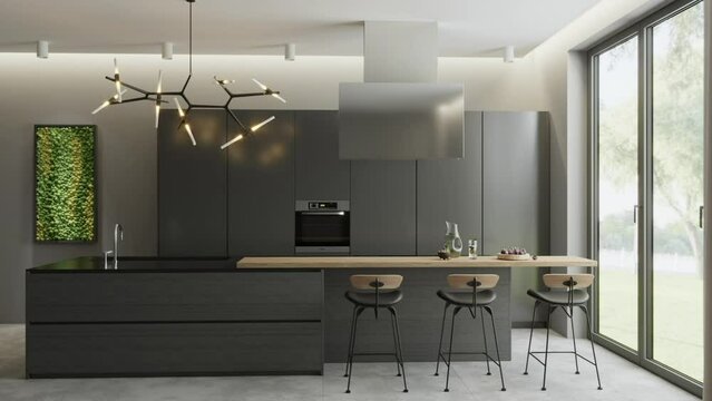 3d illustration. Kitchen and bar counter, with a hood and a large window, in a modern style.