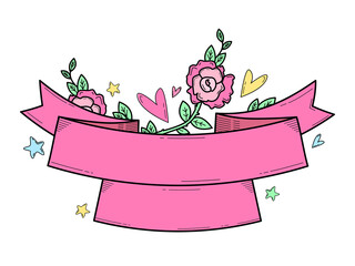 Cute pink ribbon cartoon silhouette. Doodle kawaii design element for kid