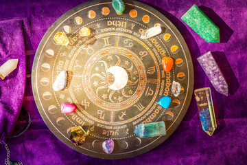 Healing crystals on brown background