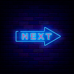 Next text in neon arrow. Game design on brick wall background. Way right pointer. Vector stock illustration