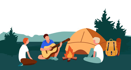 Summer camp, boy playing guitar. Friends near campfire with tent. Summertime vacation, camping, traveling, trip, hiking activities. Editable vector illustration