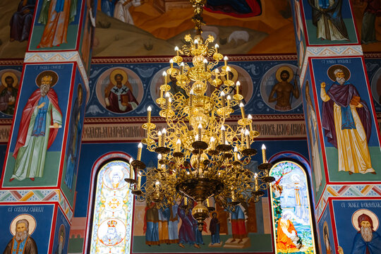 Orthodox Church Europe. Bright blue vintage interior of an ancient historic Greek church.