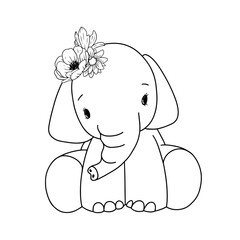 cute elephant with flower, vector clipart, children's illustration good for card and print design