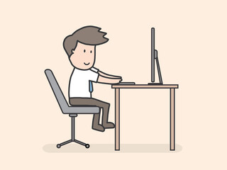 businessman marketer working at the computer in the office, vector flat illustration of programmer, business analyst, designer, manager