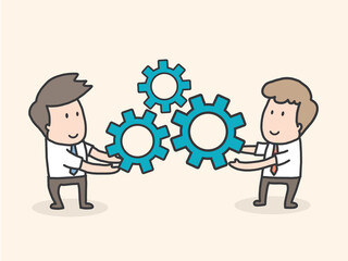 Working Routine Process and Teamwork Concept. Male Characters Moving Huge Gear.