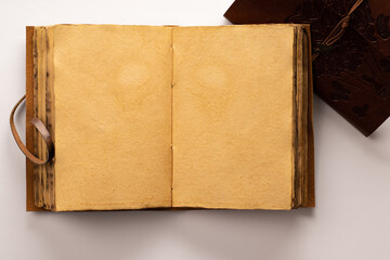 Antique leather-bound notebook or diary with antique papyrus-type pages with white background and...