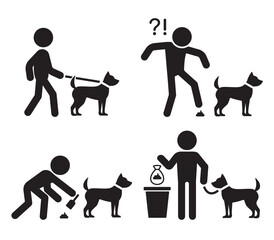 Walking the dog and cleaning up after the dog icons set