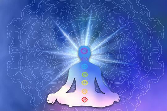 spiritual esoteric background with silhouette of a man in yoga meditation positiin with chakra chakras healing energy, esoetric, spirit, alternative colorful, seven..