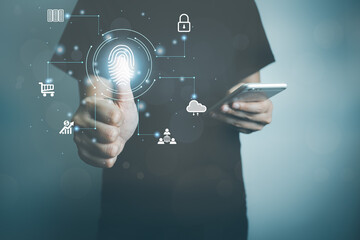 User touching screen to fingerprint scanner with smartphone, security access information, big data management, cloud computing, Internet connection, shopping online and cashless society.