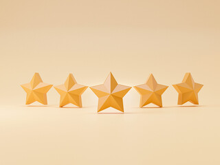 Five yellow golden stars for excellent evaluation from client and customer satisfaction concept by 3d render illustration.