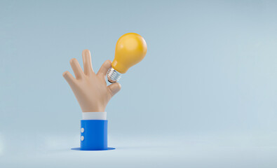 Businessman holding yellow lightbulb with copy space for business solution and creative thinking idea concept by 3d render illustration.