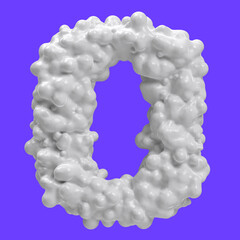 Number 0 made of milk bubbles and splashes, isolated on blue background, 3d rendering