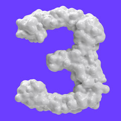 Number 3 made of milk bubbles and splashes, isolated on blue background, 3d rendering