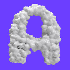 Letter A made of milk bubbles and splashes, isolated on blue background, 3d rendering