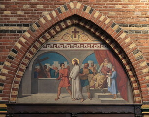 Amsterdam Posthoornkerk Church Interior Detail with Way of the Cross Fresco on a Brick Wall, Netherlands