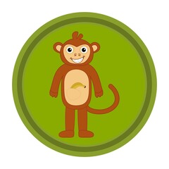 Young child in a smiling monkey costume with black eyes in a green round icon