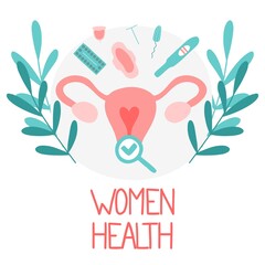 Gynecology and female health concept. Check up ovary and womb. Colorful flat vector illustration.