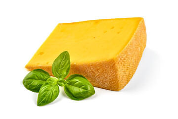Semi-hard cheese with saffron, close-up, isolated on white background.