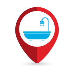 Map pointer with Bathtub with shower sign. Vector illustration.