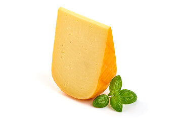 Hard Dutch gouda cheese, isolated on white background.