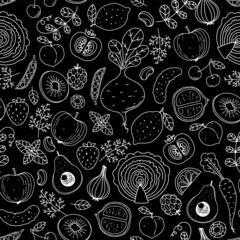 Fruits and vegetables seamless pattern. Hand drawn vector illustration. Minimalist design. Scandinavian style background. Healthy organic food.