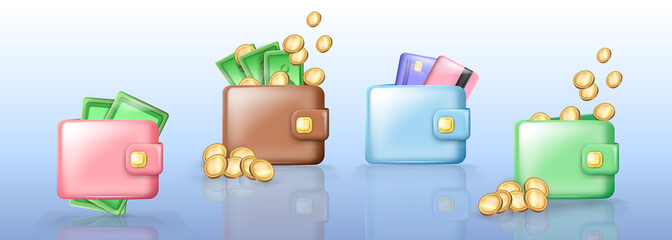 Set of cartoon three-dimensional glossy billfolds in different positions. 3d pocketbooks with money inside. Closed shiny wallets with golden coins, plastic credit cards and green banknotes.