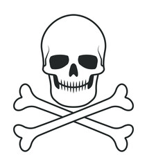 Skull and crossbones vector illustration. Poison and toxic label. Pirate flag image. Human head skeleton icon.