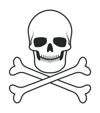 Skull and crossbones vector illustration. Poison and toxic label. Pirate flag image. Human head skeleton icon.