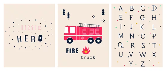 Poster Hand drawn cartoon fire truck. Car decor nursery. Set of Scandinavian style posters, fire truck, the lettering little hero and the alphabet. Wall art vehicles. Design  kids T-shirts, pajamas, card.  © Ekaterina