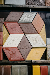 Paving slabs of different colors and shapes.Decorative cobblestones are different in color and shape.