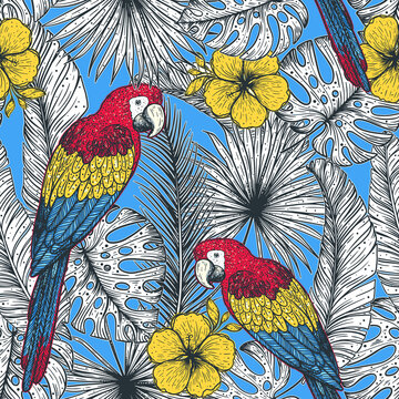 Tropical seamless pattern. Tropical design template. Parrot and palm leaves vector illustration. Summer design. Beautiful design for textiles. Jungle pattern. Print on cloth template.