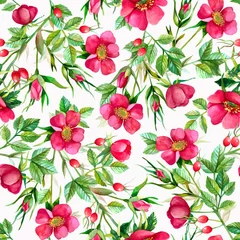 Fototapete Rund Bright watercolor hand-painted wild rose seamless pattern on a white background © Olga