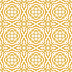 Fototapeta premium Vector geometric seamless pattern. Abstract yellow and white mosaic ornament. Simple checkered texture with flower silhouettes. Op art. Optical illusion background. Elegant repeat decorative design