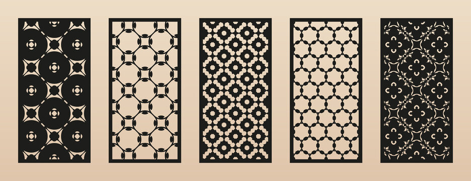 Vector laser cut templates. Modern abstract geometric panels with floral patterns, grid, lattice. Oriental style ornaments. Template for cnc cutting of metal, wood, paper, plastic. Aspect ratio 1:2
