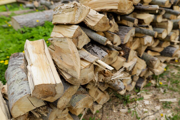 Shadow depth of field (selective focus) details with a pile of firewood in rural Romania.