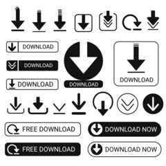 Arrows and bar download icons. Website buttons for downloading files and information in rectangular frames and vector squares