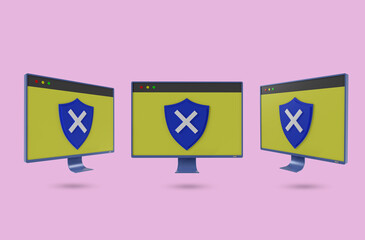 set of monitor and shield icons with cross, virus unprotected concept, 3d Render
