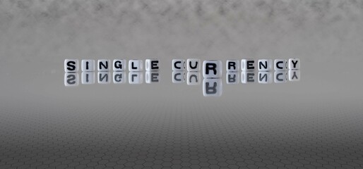 single currency word or concept represented by black and white letter cubes on a grey horizon background stretching to infinity