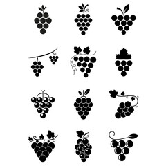 Grape icon set. Bunch of grapes in flat style black color. Berry icon isolated on white background. Logo for wine, champagne, juice. Vector illustration for web design