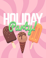 Ice cream banner. Kids frozen creamy desserts and sundae, pink swirl background. Chocolate popsicle and waffle cone. Holiday party text, invitation poster, summer card, vector illustration