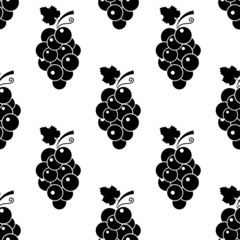 Bunch of grapes seamless pattern. Black sign wild berries and leaves on white background. Grapes flat icon. Design for print on fabric, wrapping paper, packaging with grapevine. Vector illustration